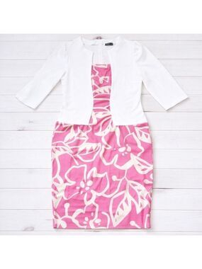 Izuria White Fuchsia Floral Color Block Half Sleeve Dress Large New Without Tags